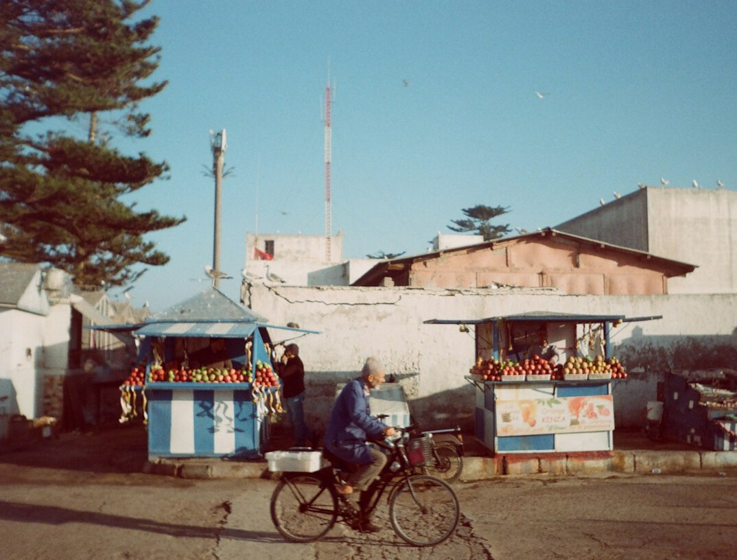 Elderly Chilean street vendor selling fruit at an outdoor market stall